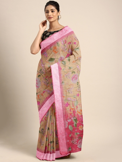 

KALINI Peach-Coloured & Pink Cotton Blend Floral Printed Saree