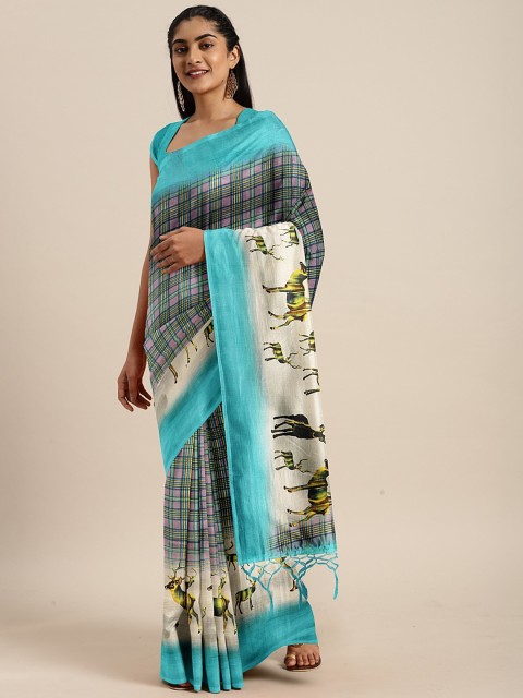 

KALINI Blue & Pink Art Silk Checked Saree