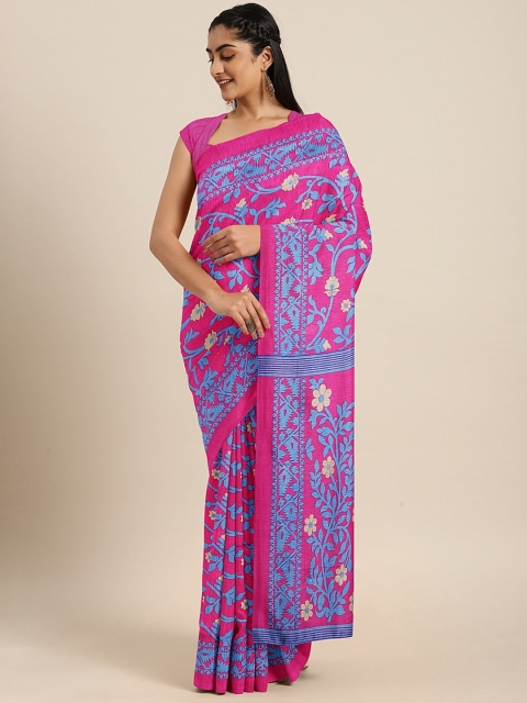 

KALINI Pink & Blue Art Silk Floral Printed Saree