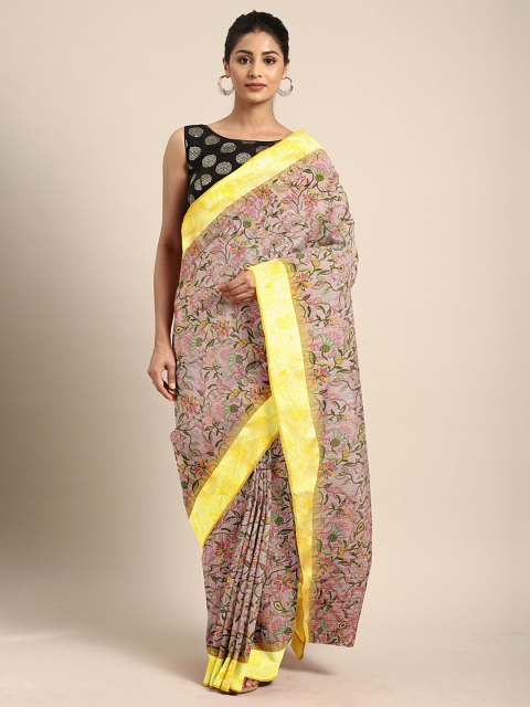 

KALINI Pink & Yellow Cotton Blend Floral Printed Saree