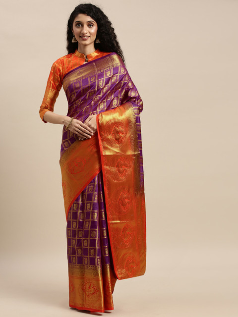 

Mitera Purple & Orange Woven Design Banarasi Saree