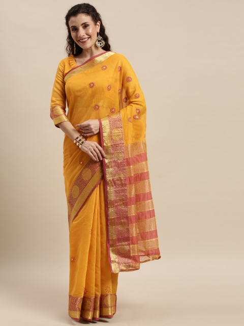 

Mitera Yellow & Red Silk Cotton Embroidered Saree