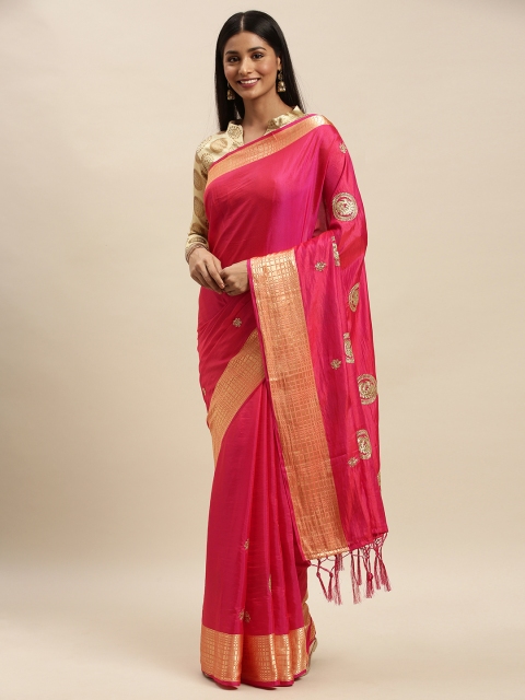 

Mitera Pink & Gold-Toned Silk Blend Embroidered Saree