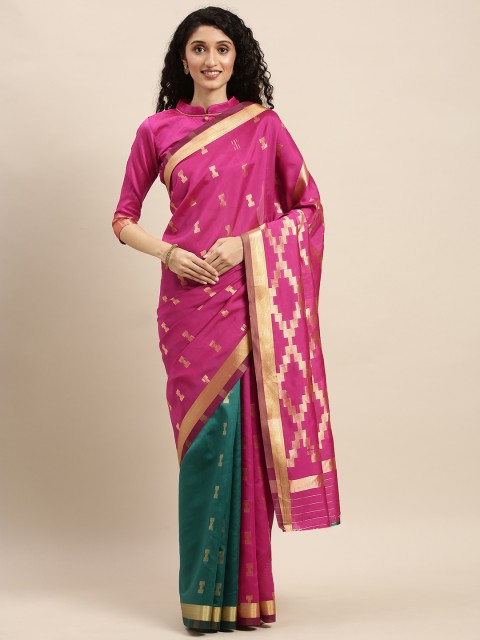

Mitera Pink & Green Silk Blend Woven Design Banarasi Saree