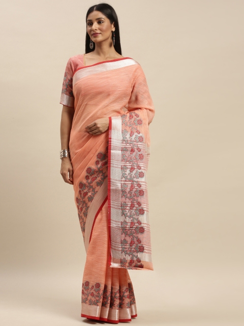 

Mitera Coral Pink Solid Linen Blend Saree with Woven Design Border