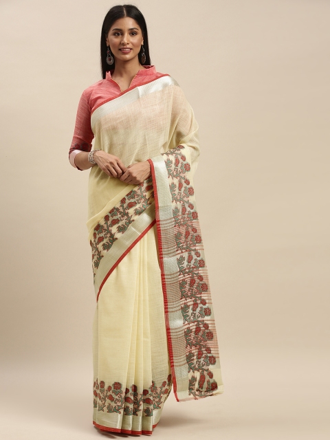 

Mitera Cream-Coloured Solid Linen Blend Saree with Woven Design Border