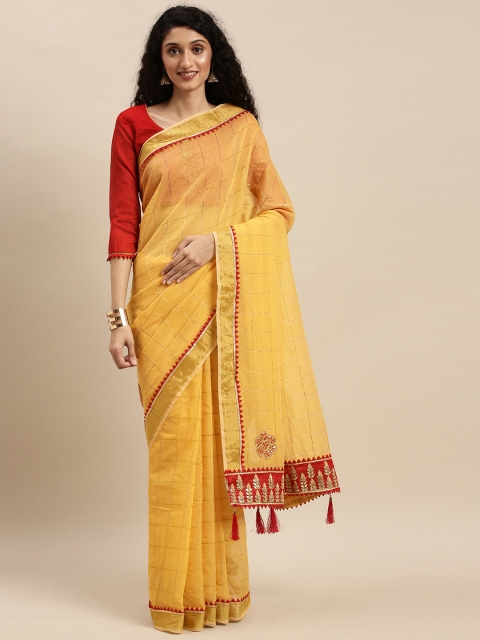 

Mitera Yellow & Red Silk Cotton Gotta Patti Checked Saree