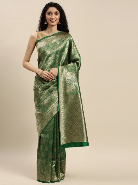 

Mitera Green & Golden Silk Blend Woven Design Banarasi Saree