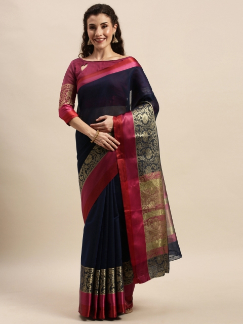 

Mitera Navy Blue Silk Blend Solid Kanjeevaram Saree