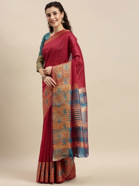 

Mitera Red Silk Blend Solid Banarasi Saree