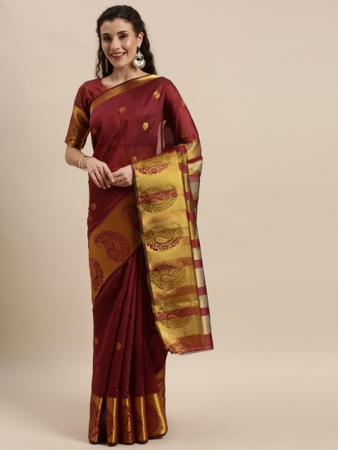 

Mitera Maroon & Gold-Toned Silk Blend Woven Design Banarasi Saree