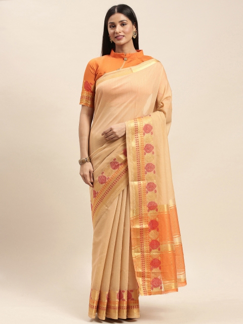 

Mitera Beige & Orange Silk Blend Solid Kanjeevaram Saree