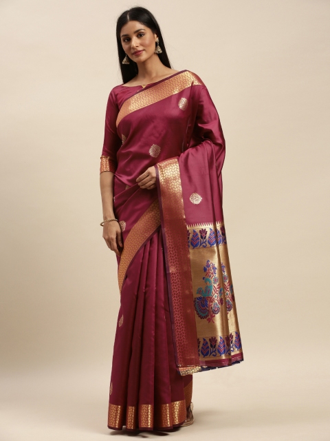 

Mitera Magenta & Gold-Toned Silk Blend Woven Design Banarasi Saree