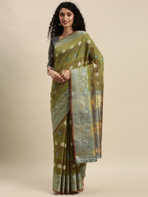 

Mitera Olive Green & Beige Silk Cotton Woven Design Saree