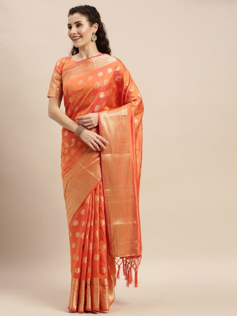 

Mitera Orange & Golden Silk Blend Woven Design Banarasi Saree