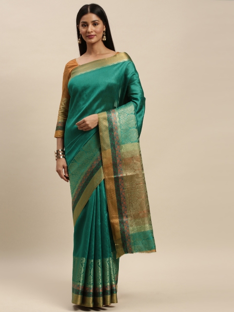 

Mitera Green Silk Blend Solid Kanjeevaram Saree