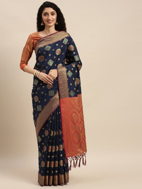 

Mitera Navy Blue & Golden Silk Blend Woven Design Banarasi Saree