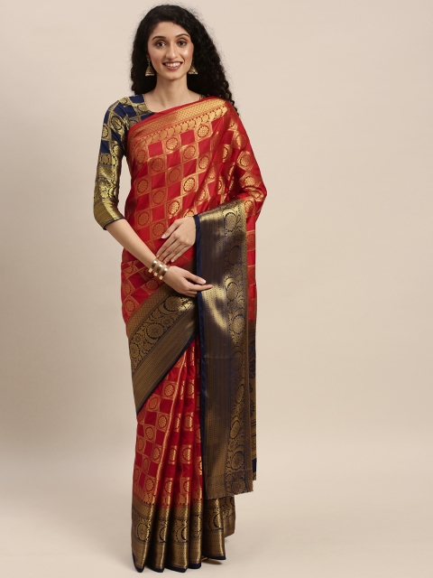 

Mitera Red & Navy Blue Silk Blend Woven Design Kanjeevaram Saree