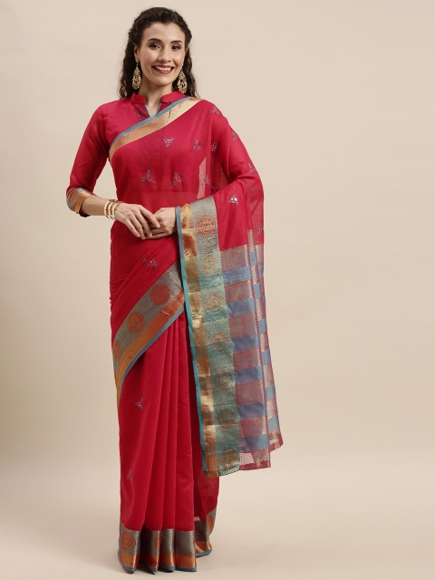 

Mitera Red & Gold-Toned Silk Cotton Embroidered Saree