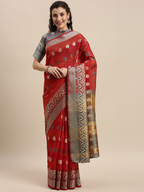 

Mitera Red Silk Blend Woven Design Kanjeevaram Saree