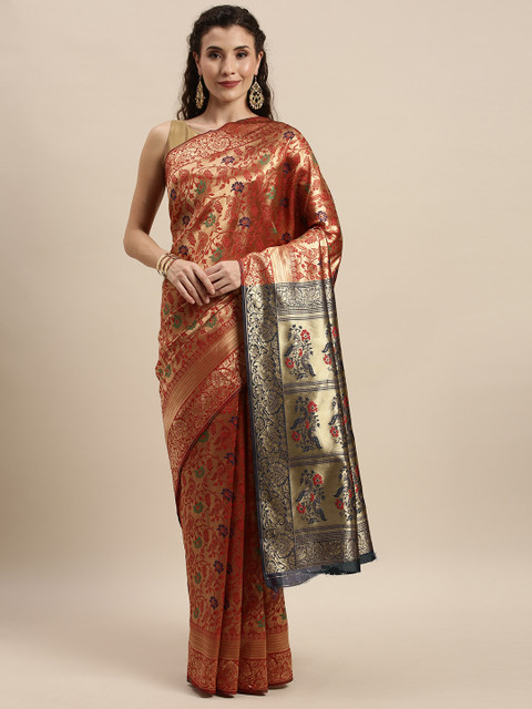 

Mitera Red & Gold-Toned Silk Blend Woven Design Banarasi Saree