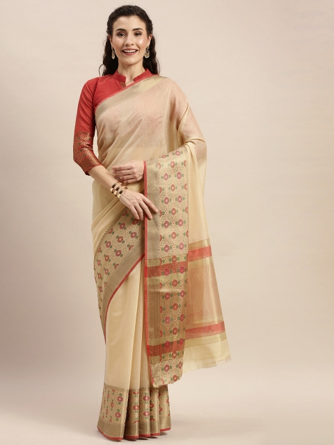 

Mitera Beige Solid Silk Cotton Saree