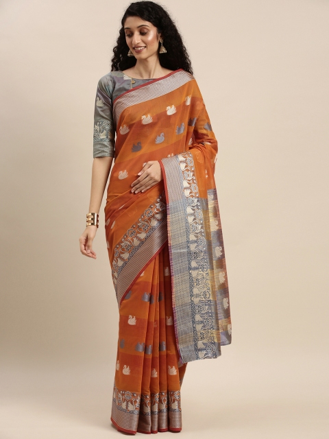 

Mitera Orange & Grey Silk Cotton Woven Design Saree