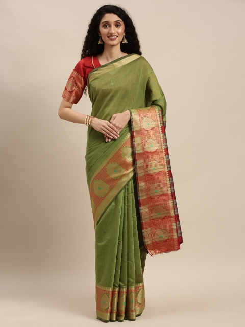 

Mitera Olive Green & Red Silk Blend Solid Saree