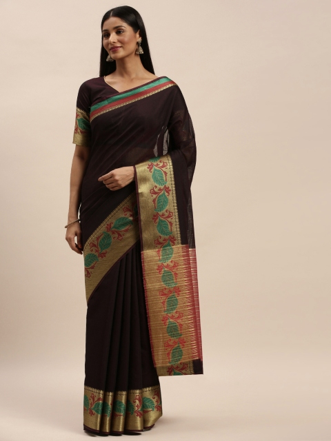 

Mitera Burgundy & Golden Silk Blend Solid Kanjeevaram Saree