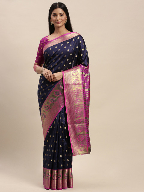 

Mitera Navy Blue & Gold-Toned Silk Blend Woven Design Banarasi Saree