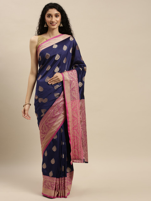

Mitera Navy Blue & Pink Silk Blend Woven Design Banarasi Saree