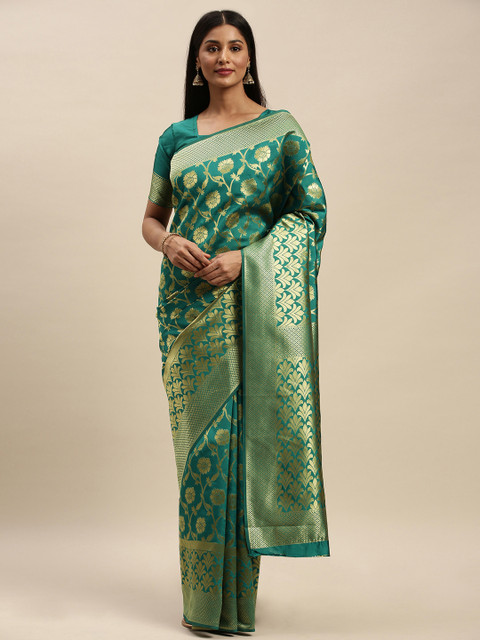 

Mitera Turquoise Blue & Gold-Toned Silk Blend Woven Design Banarasi Saree