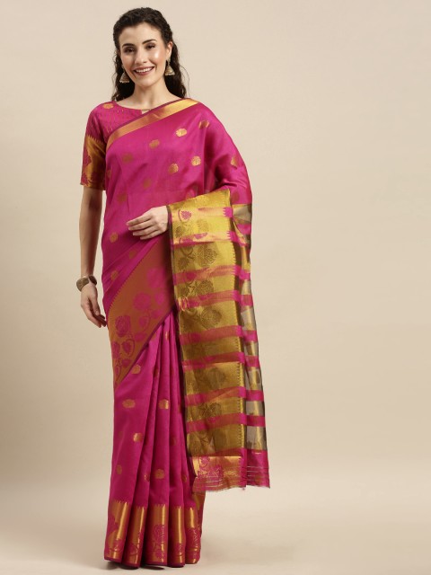 

Mitera Pink & Gold-Toned Silk Blend Woven Design Banarasi Saree