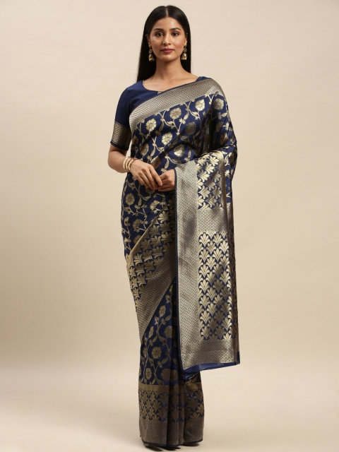 

Mitera Navy Blue & Gold-Toned Silk Blend Woven Design Banarasi Saree