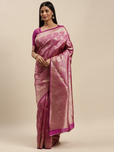 

Mitera Magenta & Gold-Toned Silk Blend Woven Design Banarasi Saree