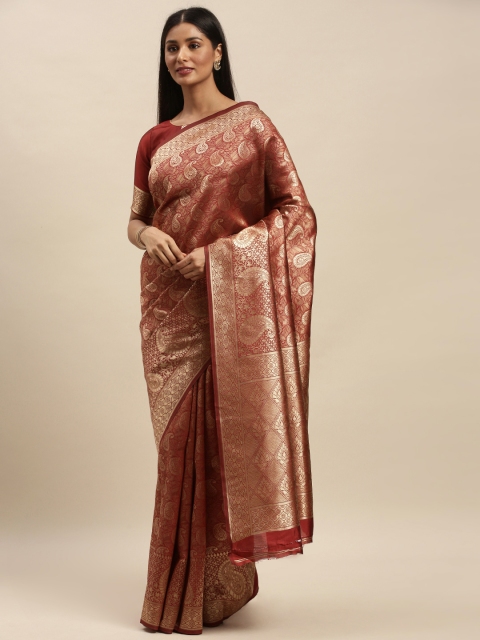 

Mitera Maroon & Gold-Toned Silk Blend Woven Design Banarasi Saree