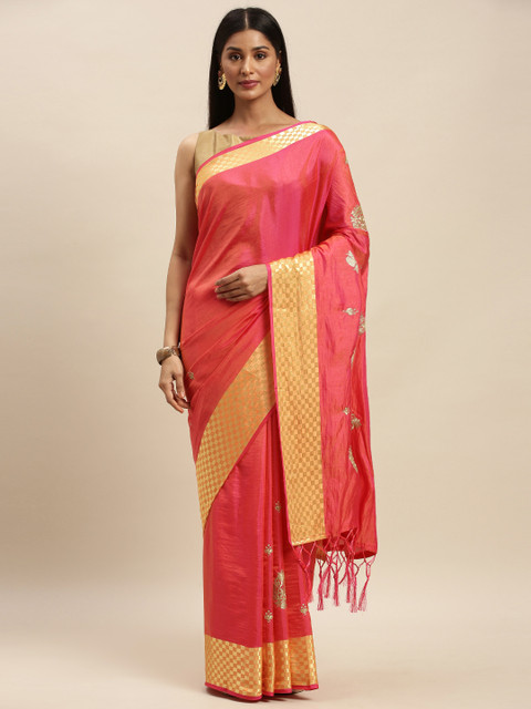 

Mitera Coral Pink & Yellow Silk Blend Embroidered Saree