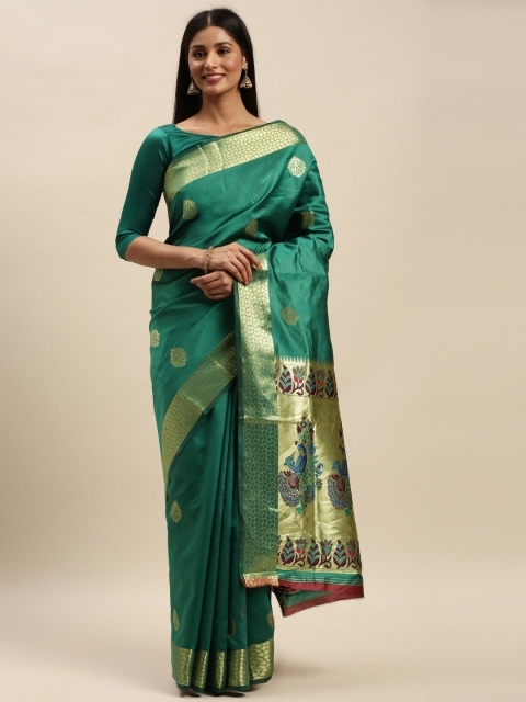 

Mitera Green & Gold-Toned Silk Blend Woven Design Banarasi Saree