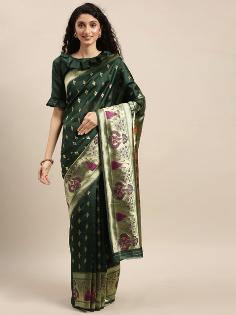 

Mitera Green & Gold-Toned Woven Design Banarasi Saree