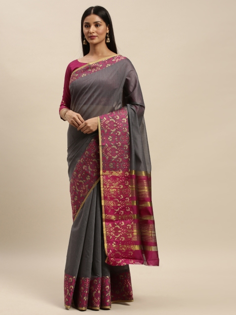 

Mitera Grey & Pink Silk Blend Solid Kanjeevaram Saree
