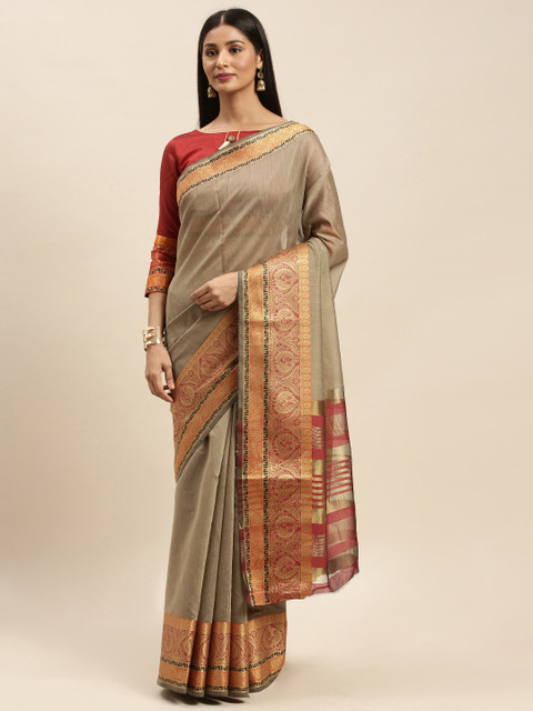 

Mitera Beige Silk Blend Solid Kanjeevaram Saree