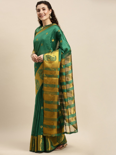 

Mitera Green & Gold-Toned Silk Blend Woven Design Banarasi Saree