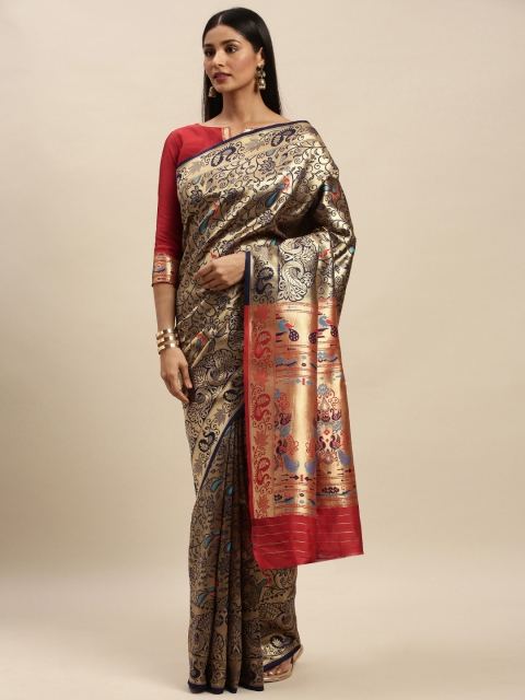 

Mitera Navy Blue & Gold-Toned Silk Blend Woven Design Banarasi Saree
