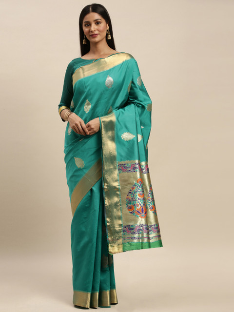 

Mitera Turquoise Blue & Gold-Toned Silk Blend Woven Design Banarasi Saree