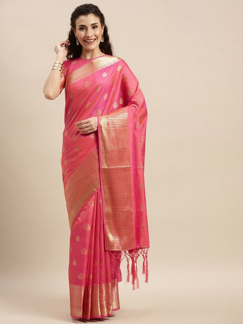 

Mitera Pink & Golden Silk Blend Woven Design Banarasi Saree