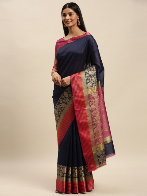 

Mitera Navy Blue & Red Silk Blend Solid Kanjeevaram Saree