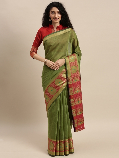 

Mitera Olive Green Solid Silk Blend Saree