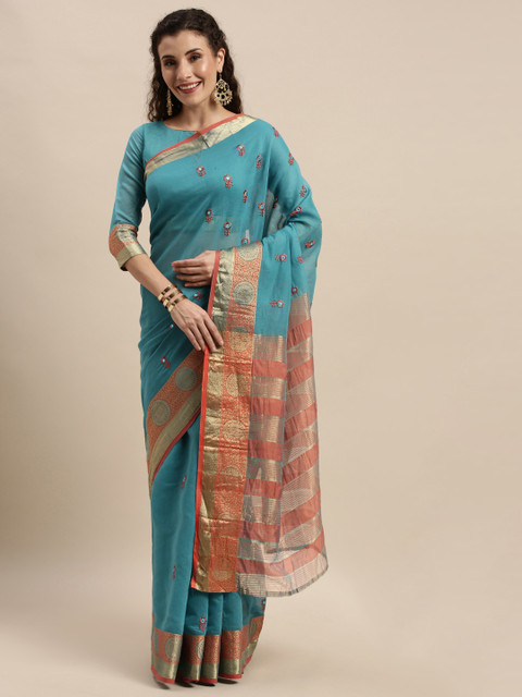 

Mitera Blue & Gold-Toned Silk Cotton Embroidered Saree