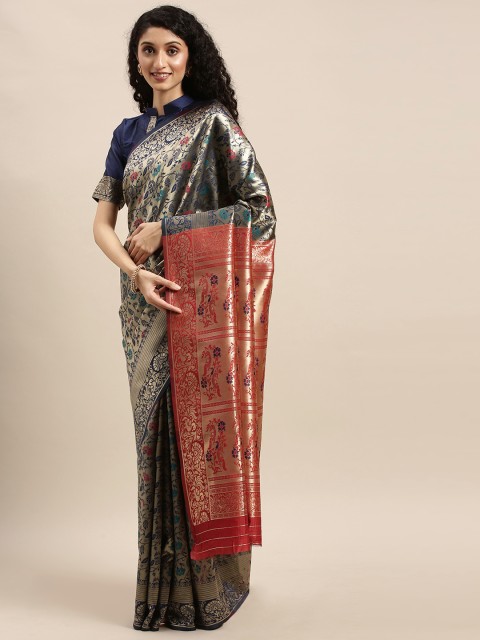 

Mitera Navy Blue & Red Woven Design Banarasi Saree
