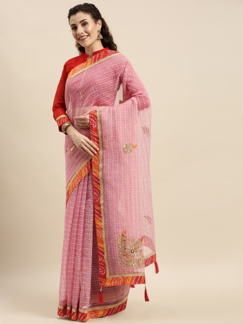 

Mitera Pink & Gold-Toned Tissue Embroidered Kota Saree